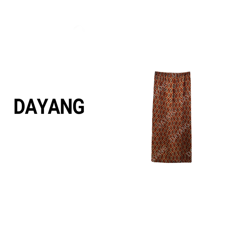 【Dayang】Retro Orange Chain Print Skirt with High Waist and Drapey Feel, Versatile for Summer, Slimming A-Line Long Skirt