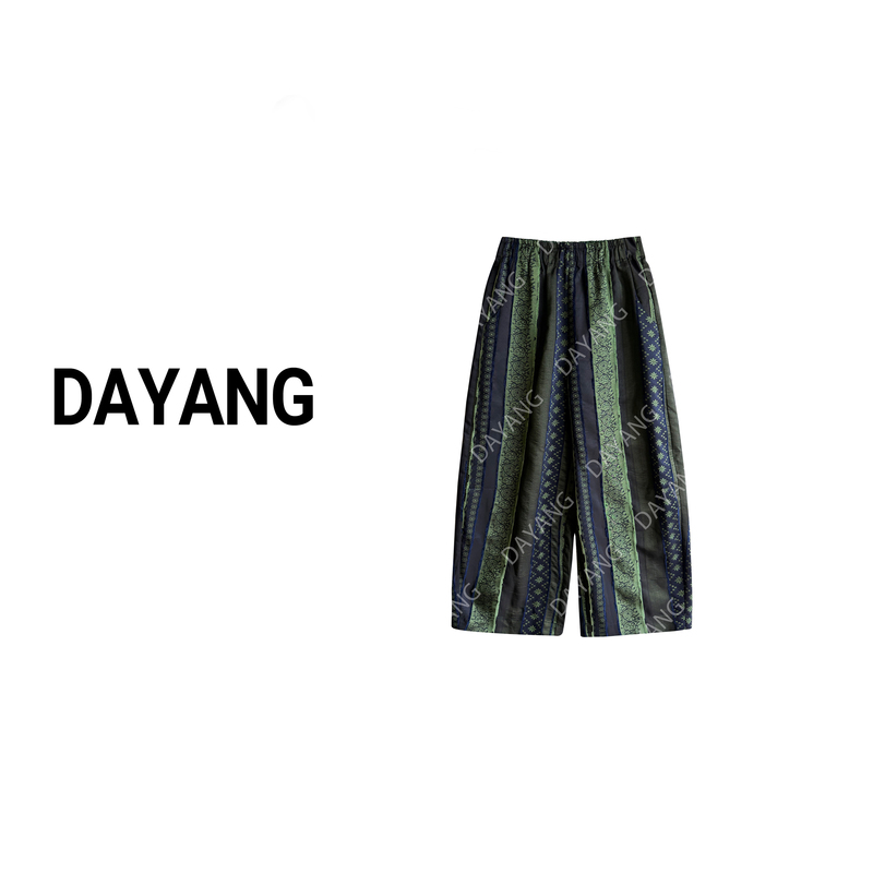 【Dayang】Watermelon Floral Pants, Vertical Stripe Retro Jacquard Old Money Style Elastic Waist Green-Toned Cropped Casual Pants
