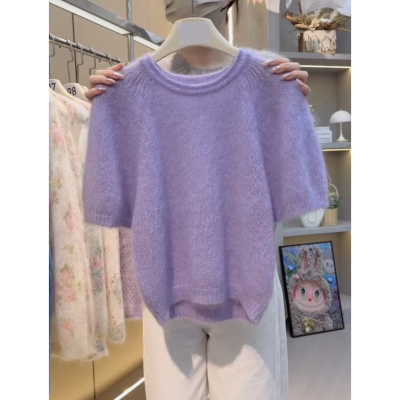 Purple High-End Mohair Hollow-Out Short-Sleeve Sweater for Women, Autumn Lazy Style Puff Sleeve Knit Top, Thin Style
