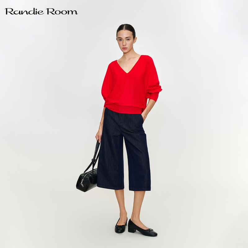 【Aiko's Style】Randieroom Navy Blue High-Waisted Wide-Leg Cropped Pants, Vintage Versatile Casual Mid-Length Pants