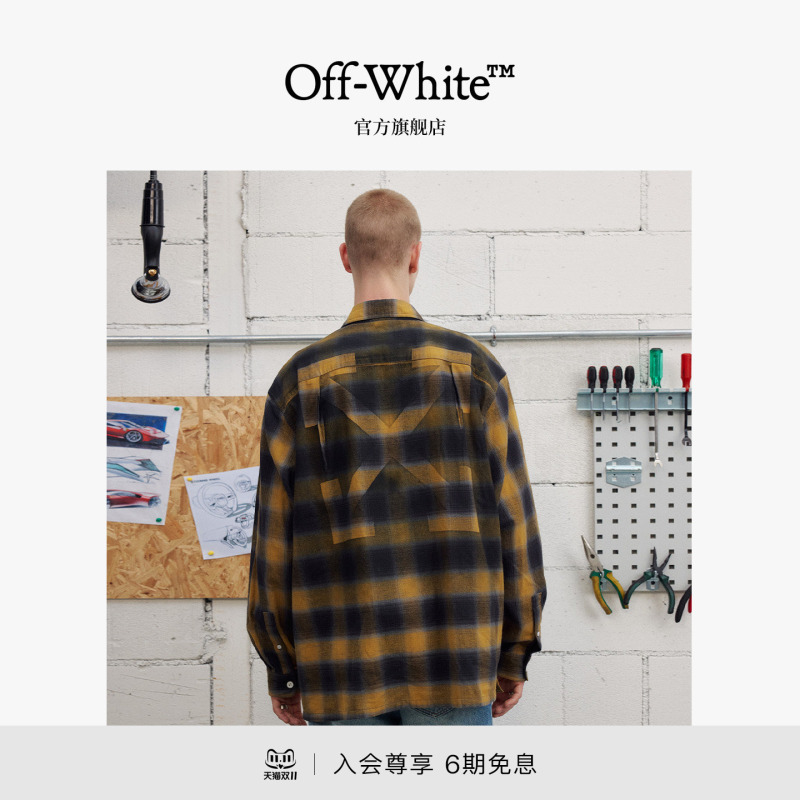 Off-White ™ Couple's Plaid Shirt with American Retro Double Arrow Pattern, Unisex Long-Sleeved Top