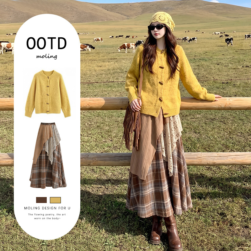 Travel Outfit for the Grasslands of Western Sichuan: Yellow Knitted Cardigan Outerwear, Autumn Bohemian Ethnic Style Dress