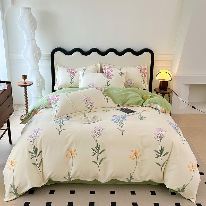 2024 new thickened brushed bedding four-piece set pure cotton spring and summer floral quilt cover bed sheet three-piece set