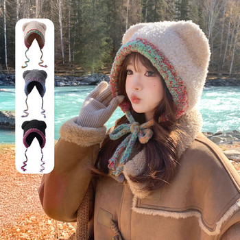 2025 New Cute Bear Ear Knitted Woolen Hat for Women, Plush Hat for Autumn and Winter, Warm and Ear-Protecting, Large Head Circumference
