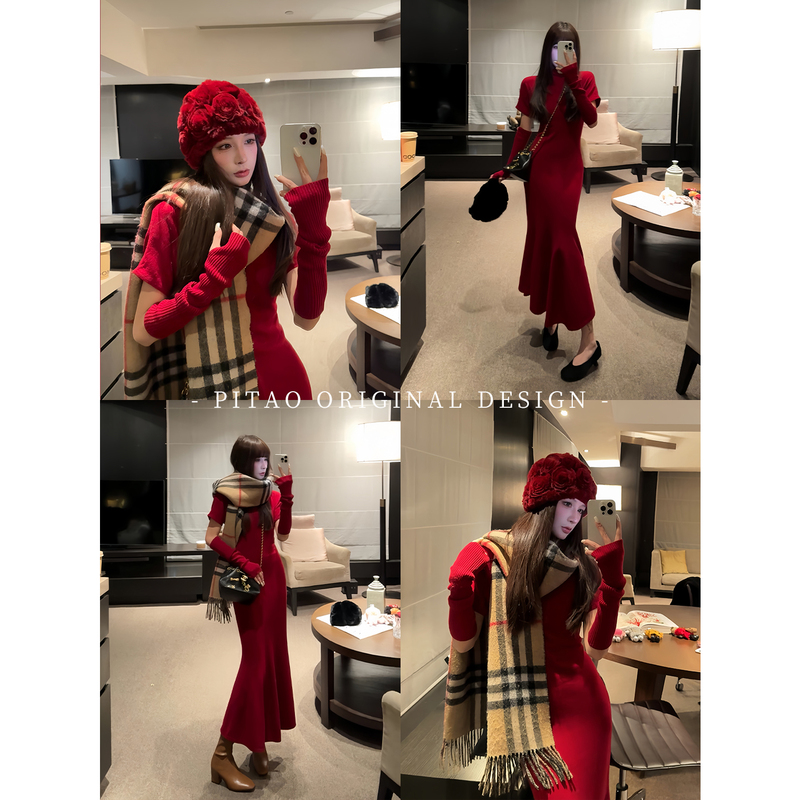 Pitao Original "Heartbeat Prelude" Winter Trendy and Versatile Sheep Wool Red Knitted Dress