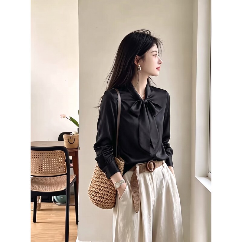 Elegant French-Style Black Bow Tie Shirt for Women, New Autumn Satin Commuter Professional Long-Sleeve Blouse