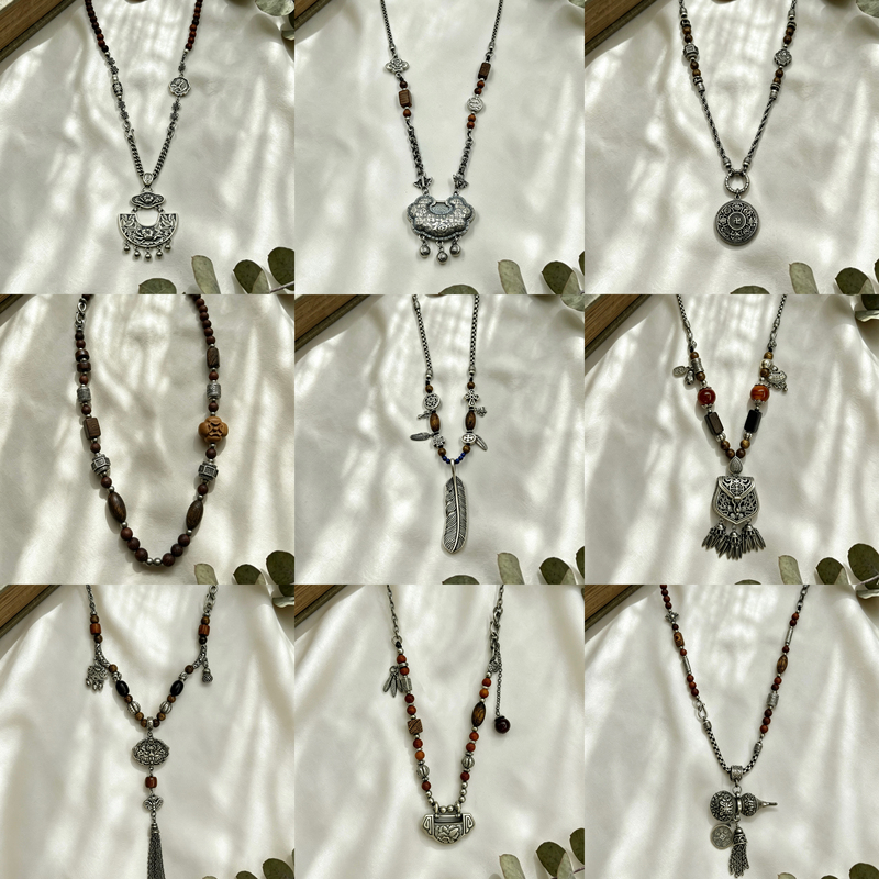 Vintage Distressed 37-Piece Imitation Silver Accessories Wooden Bead Necklace Sweater Chain Pendant