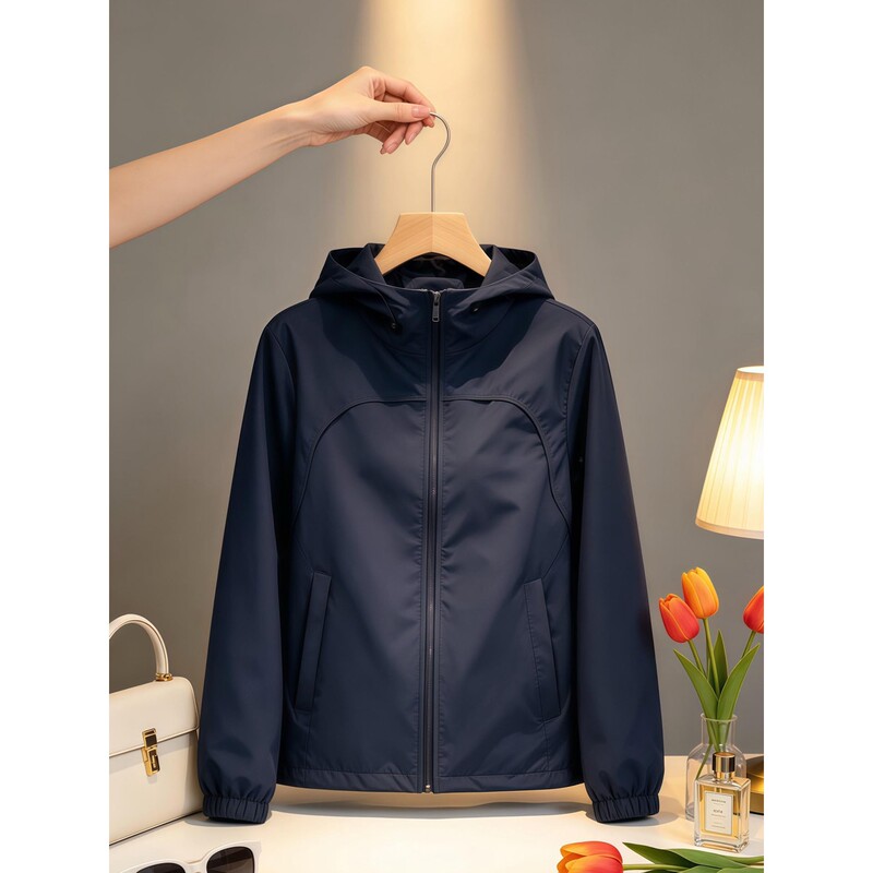 Navy Blue Hooded Zip-Up Windbreaker Jacket for Women, 2026 Autumn New Style, Loose Fit, Versatile Windproof Jacket Navy Blue Hooded Zip-Up Windbreaker Jacket for Women, 2026 Autumn New Style, Loose Fit, Versatile Windproof Jacket