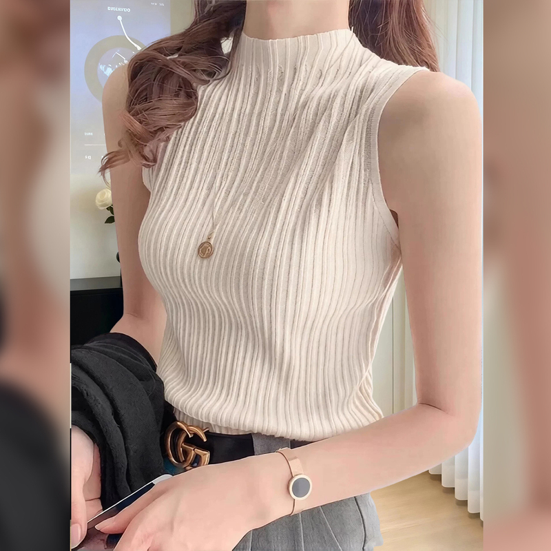 French-Style White Half-High Collar Knitted Vest for Women, Early Autumn New Slim-Fit Suit Inner Layer Sleeveless Top