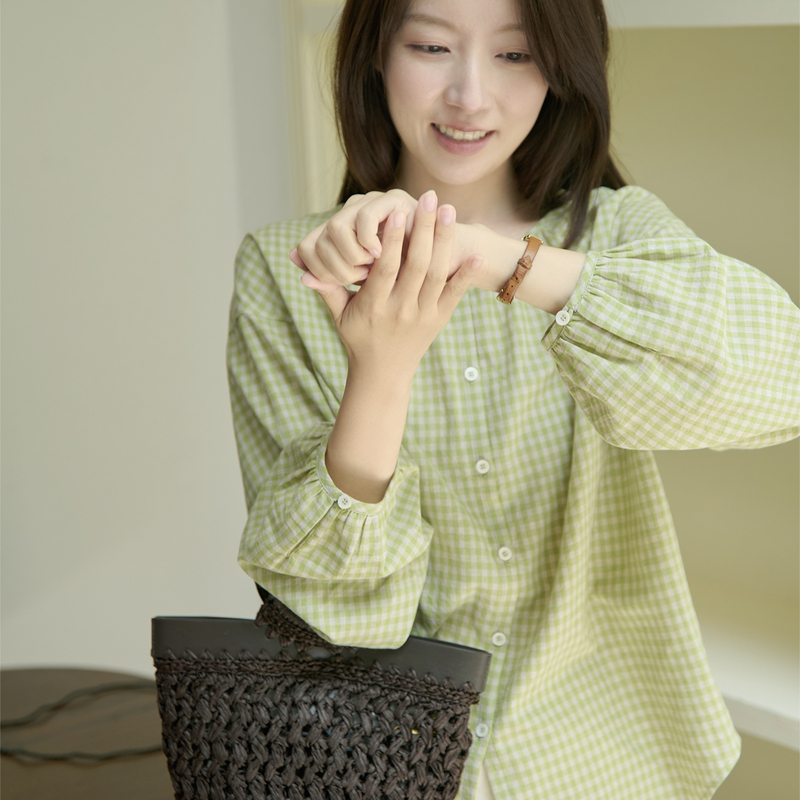 26Qda-019【Tea Rhythm Tranquility】Past and Present Refreshing Artistic Round Neck Single-Breasted Plaid Loose Shirt
