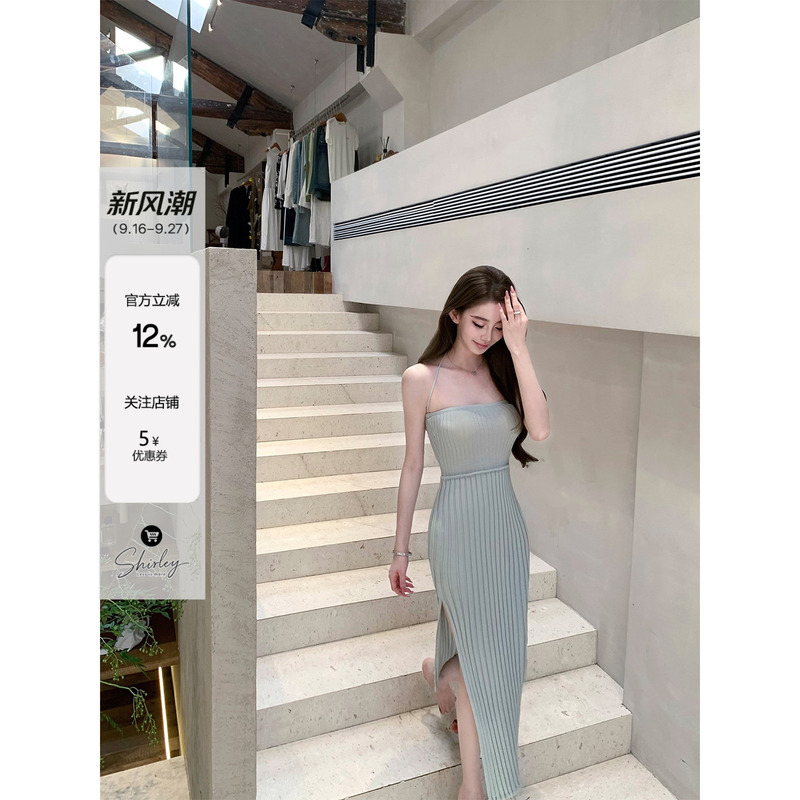 Shirley's "Focus on the Lens" Light Green Elegant Slit Slim-Fit Knitted Tube Top Dress Long Skirt Shirley's "Focus on the Lens" Light Green Elegant Slit Slim-Fit Knitted Tube Top Dress Long Skirt