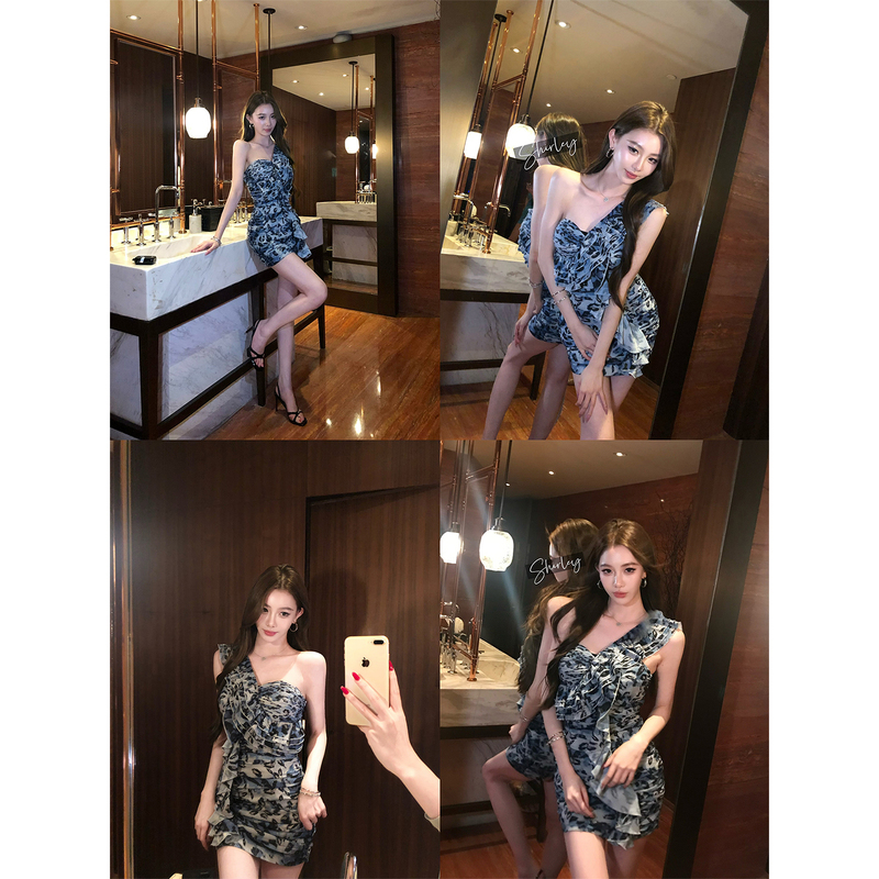 Shirley's "Misty Island Blue Leopard Print" Mature and Sexy Blue Leopard Print One-Shoulder Cinched Waist Ruched Vacation Dress Shirley's "Misty Island Blue Leopard Print" Mature and Sexy Blue Leopard Print One-Shoulder Cinched Waist Ruched Vacation Dress