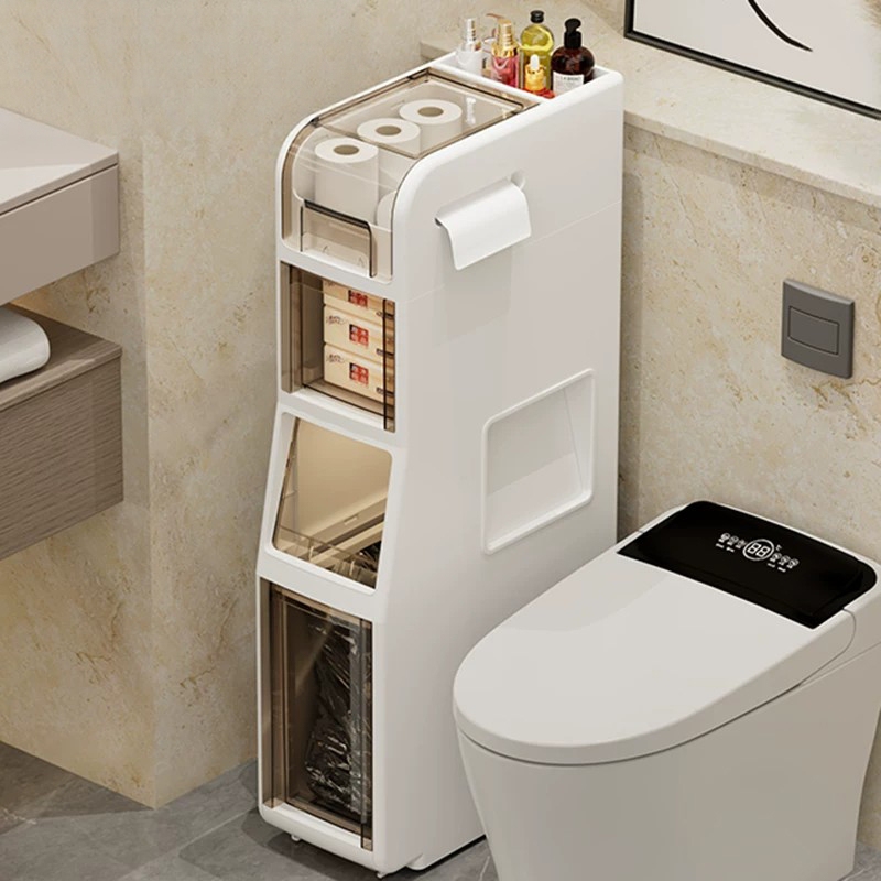 German Bathroom Storage Rack, Movable Multi-Layer Storage Rack, Bathroom Multi-Functional Gap Storage Cabinet with Trash Can German Bathroom Storage Rack, Movable Multi-Layer Storage Rack, Bathroom Multi-Functional Gap Storage Cabinet with Trash Can