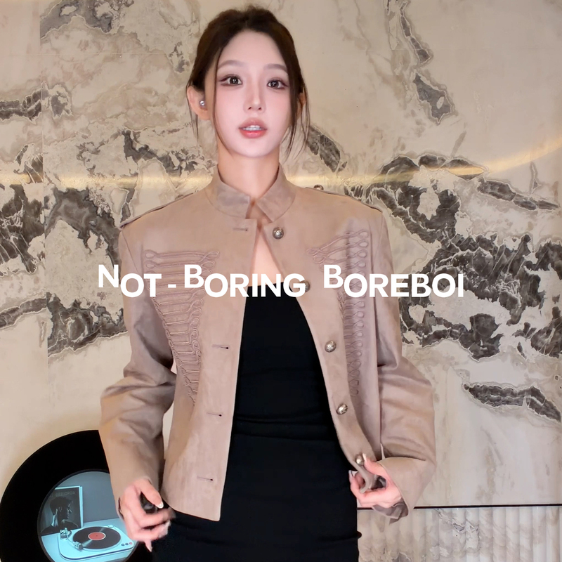 Chen Lianong's Same Style Brushed Velvet Court Jacket with Cord Embellishments, Napoleon-Style Short Jacket with Stand Collar, Metal Buttons, Punk Leather Jacket