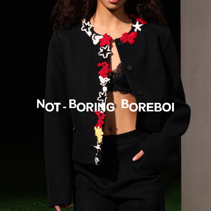 Nb B丨Sheep Wool Blend Hand-Crocheted Flower and Starfish Patch Short Coat for Women, Black Woolen Round Neck Jacket