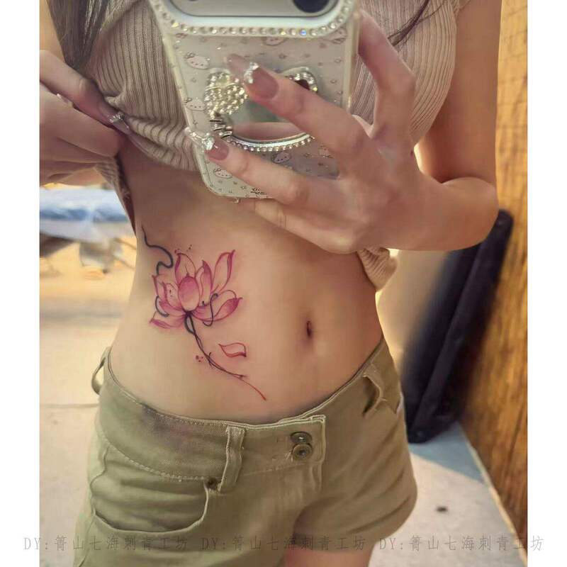 Snake Wrapped Around Lotus, Trendy and Cool Waist Tattoo Stickers for Couples, Waterproof and Long-Lasting, Niche New Style, Colorful Tattoo for Hot Girls