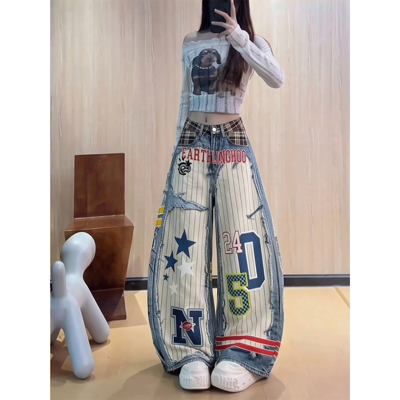 American Retro Street Graffiti Print Jeans for Women 2026 Autumn Trendy Loose Hip-Hop Wide-Leg Pants American Retro Street Graffiti Print Jeans for Women 2026 Autumn Trendy Loose Hip-Hop Wide-Leg Pants