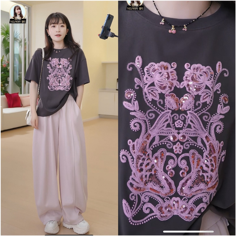 Gray Sequin Short Sleeves