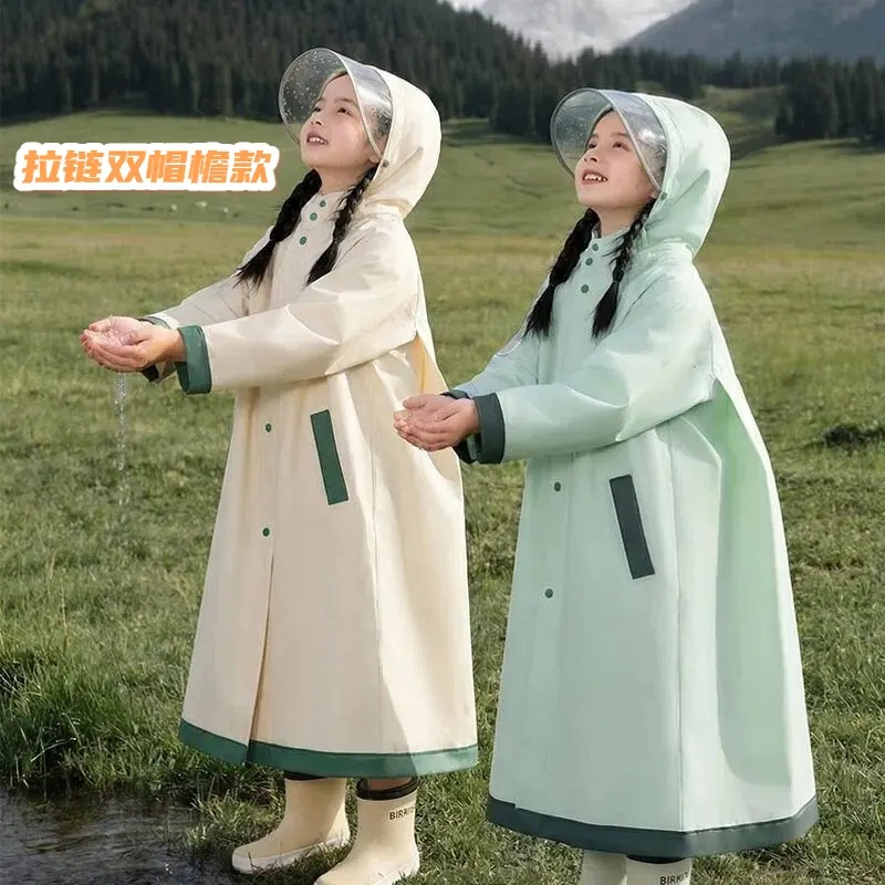 [Foreign Trade Version] Eco-Friendly Eva Raincoat and Poncho for Students and Children, with Double Brim, Enlarged Hidden Backpack Compartment, and Zipper