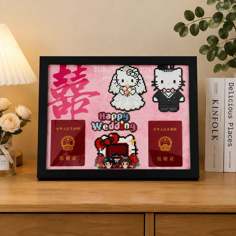 Marriage Certificate Framed Photo Frame Dopamine Hello Kitty Cat Bead Display Frame Handmade Gift for Friends