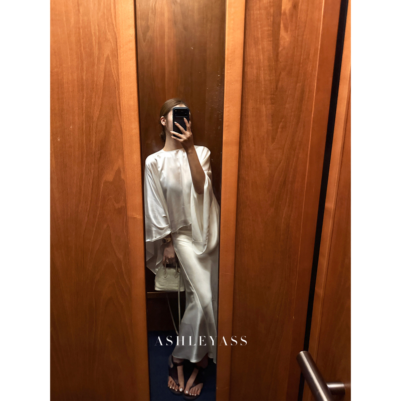 Ashleyass “Satin Cape Shirt” Acetate Blend Asymmetrical Hem Wide-Sleeve Cape Top for Women