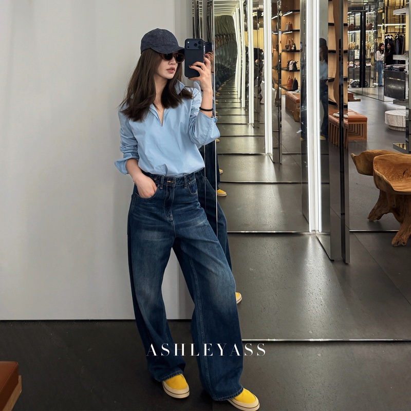 Ashleyass "Fun Denim" Bamboo Weave Cotton Three-Piece Ykk Straight-Leg Jeans for Women, Versatile and Slimming