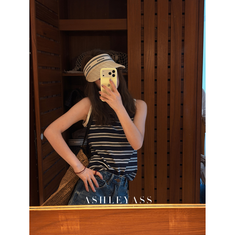 Ashleyass “Yarn-Dyed Stripes” Round Neck Sleeveless Slimming Versatile Breathable Color-Block Ribbed Tank Top