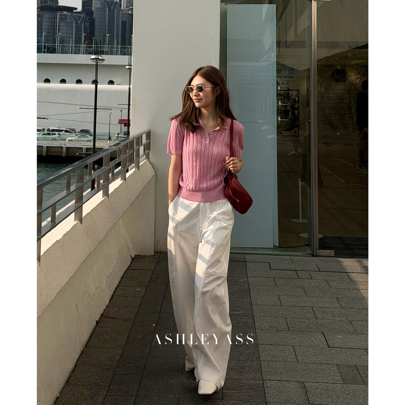 Ashleyass “Pink Memories Knitted Polo” Shirt for Women, Slimming and Elegant, with a Turn-Down Collar and Twist Pattern Short Sleeves