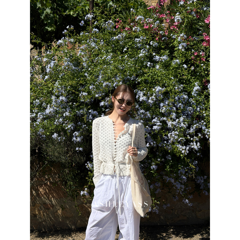 Ashleyass “French Leisure Time” Heavy Cotton Hollow Crochet Button-Up Drawstring Knit Cardigan Ashleyass “French Leisure Time” Heavy Cotton Hollow Crochet Button-Up Drawstring Knit Cardigan