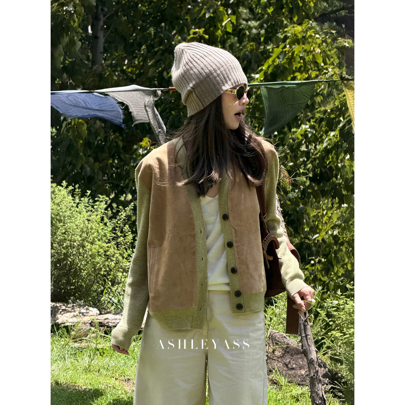 Ashleyass "Mustard Khaki" Sheepskin Patchwork Cashmere Wool Knit Cardigan with Horn Buttons Sweater Coat for Women