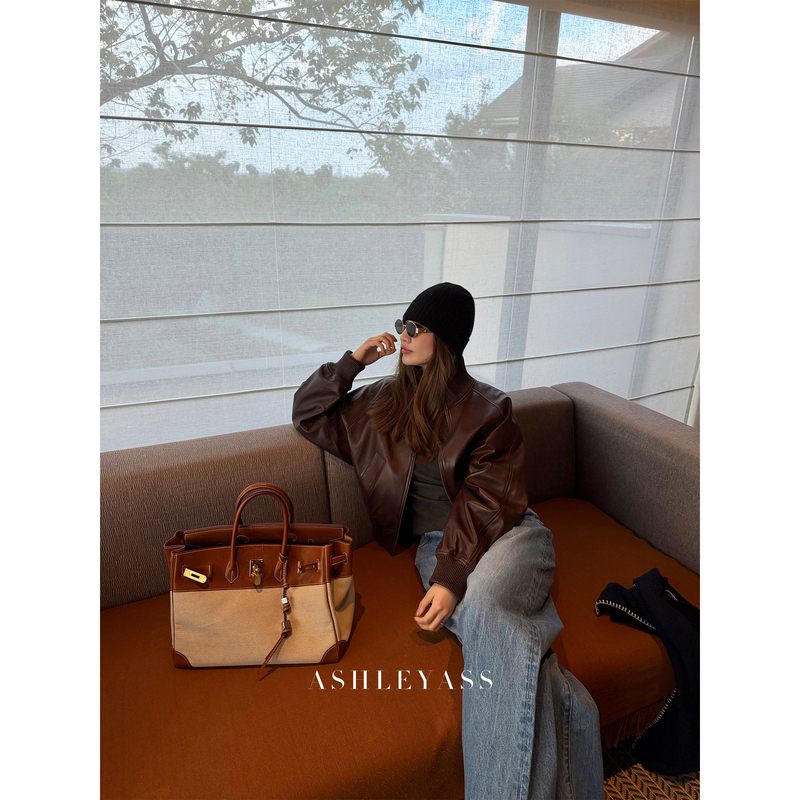 Ashleyass “Pantone” Turkish Imported Goatskin Zipper Leather Jacket for Women in Autumn and Winter