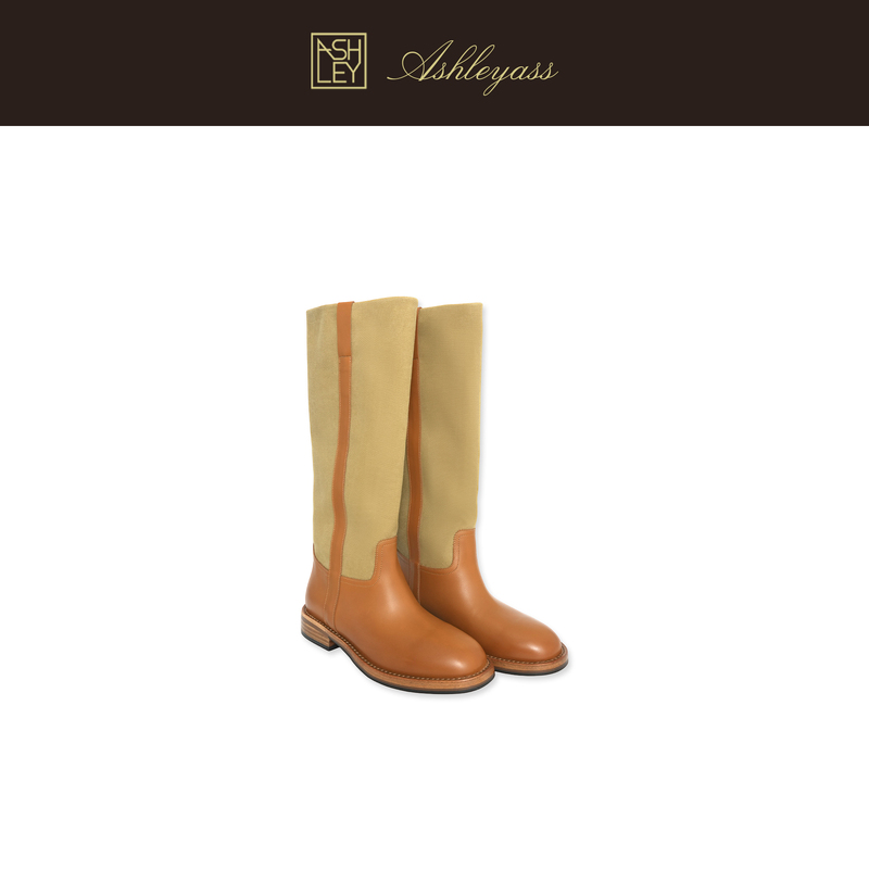 Ashleyass "Knight Boots" Cowhide Leather Spliced Fine Woven Canvas Long Leather Boots for Women, Versatile Autumn Boots