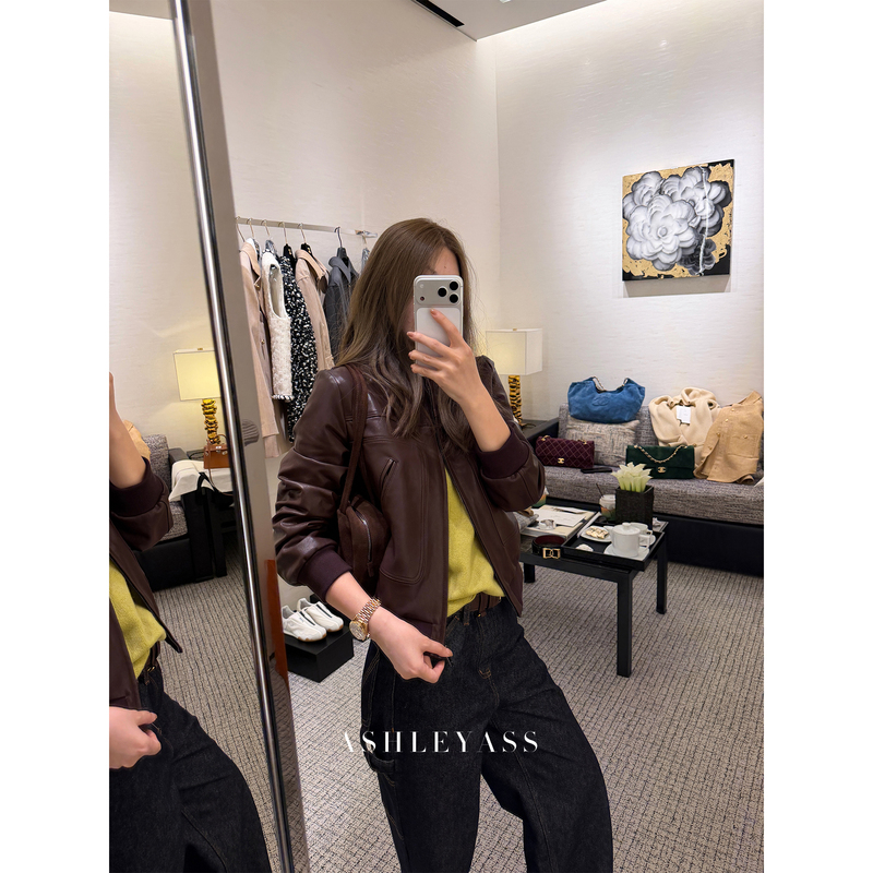Ashleyass "Bader Leather Jacket" British Imported Sheepskin Vintage Baseball Jacket Women's Autumn and Winter Leather Jacket