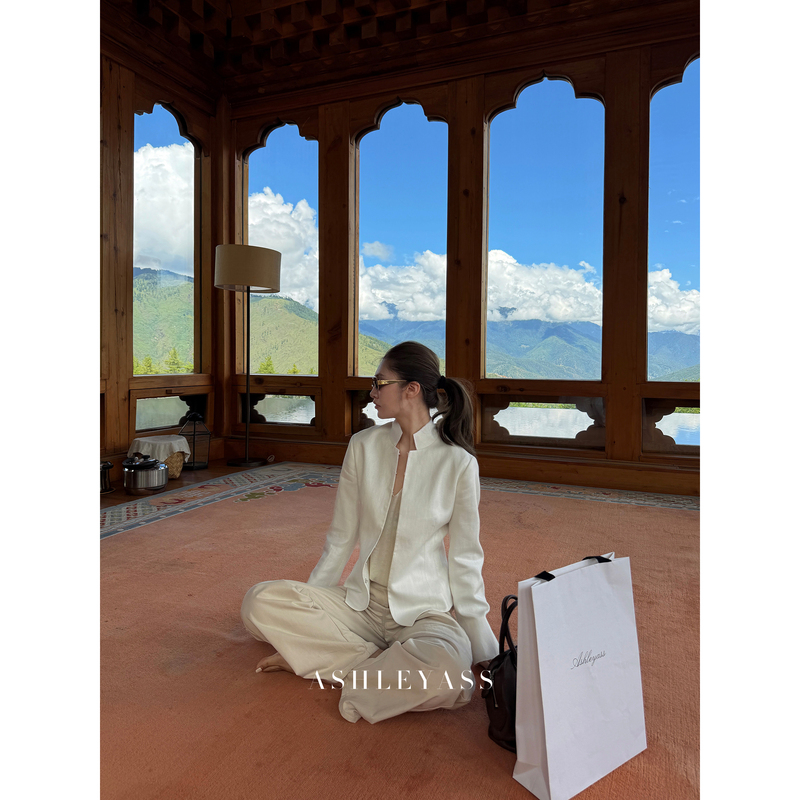 Ashleyass Chinese-Style Linen Lyocell New Chinese-Style Jacket for Women with Stand Collar and Raw Edge Suit Top