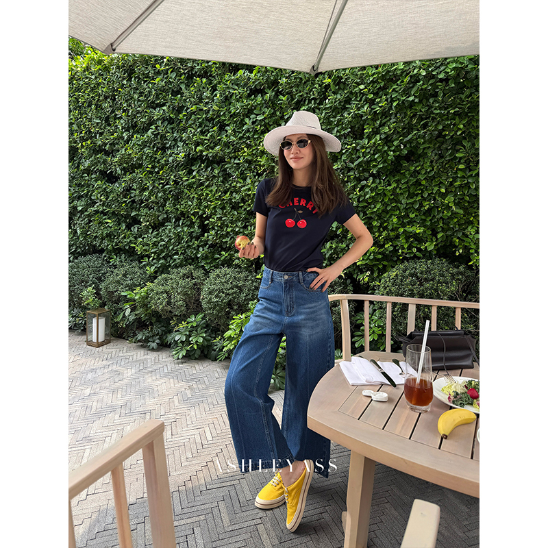 Ashleyass "Kapok Denim" High-Waisted Retro Distressed Wide-Leg Washed Denim Pants for Women, Casual Cropped Pants