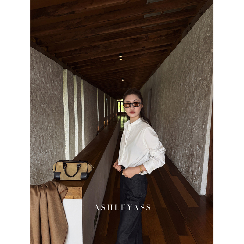 Ashleyass "Tucker Pleats" High-Thread-Count Combed Cotton New Chinese-Style Stand-Up Collar Shirt for Women with Slightly Puffed Sleeves Ashleyass "Tucker Pleats" High-Thread-Count Combed Cotton New Chinese-Style Stand-Up Collar Shirt for Women with Slightly Puffed Sleeves
