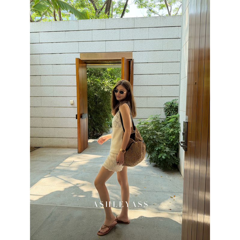 Ashleyass "Southern French Hollow Knitwear" French Vacation Diamond Crochet Jacquard Vest and Shorts Set
