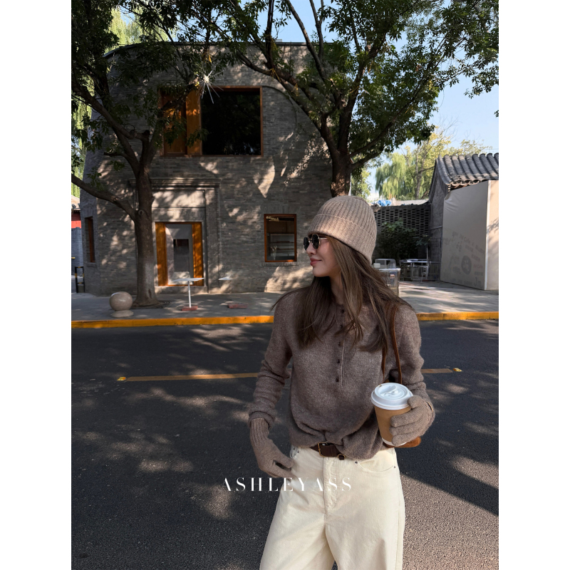 Ashleyass "Velvet Henry Wool Sweater" Cashmere Silk Blend Versatile Round Neck Knitwear for Women Autumn and Winter