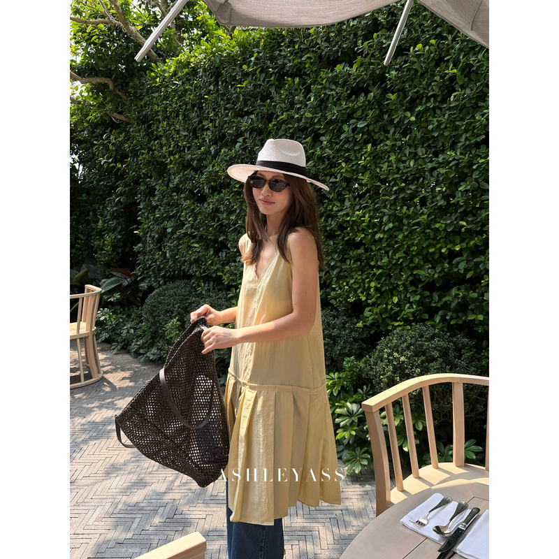 Ashleyass "Yamamoto Workwear Dress" Cocoon-Shaped Pleated Loose Cool V-Neck Camisole Dress for Women