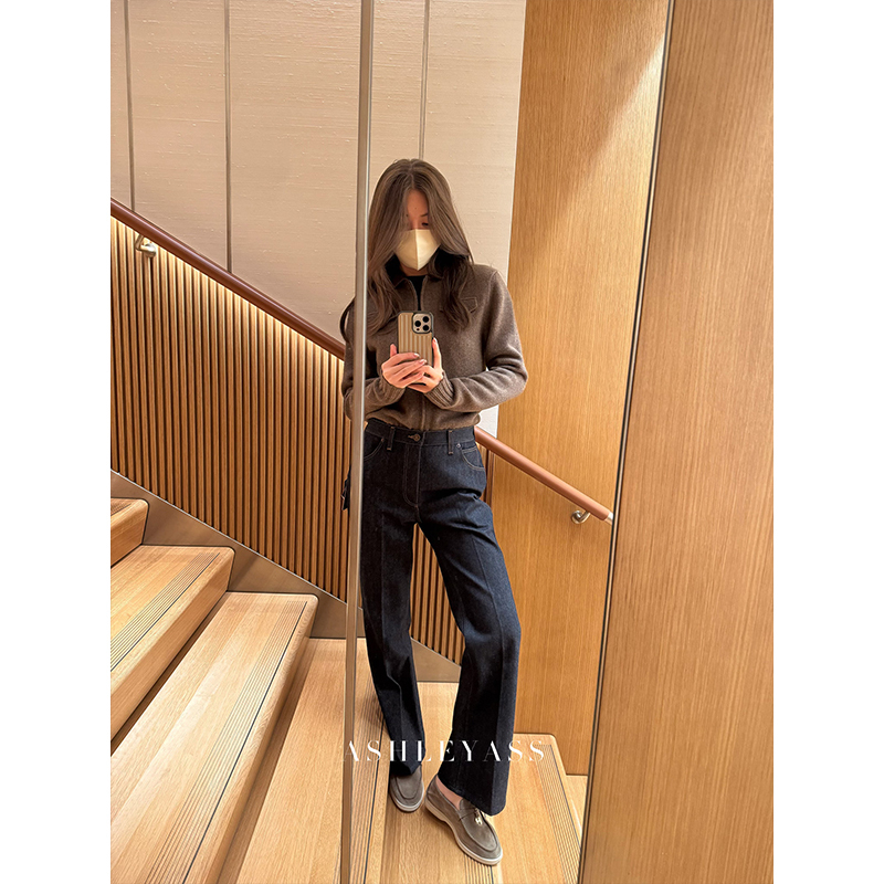 Ashleyass "Grateful Original Cowhide Leather" Precision Spinning Technology Slimming Straight-Leg Jeans