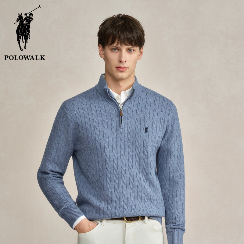 Polowalk Classic Stand-Up Collar Half-Zip Knitwear Autumn and Winter New Paul Men's Clothing Small Logo Embroidered Cable Knit Sweater Polowalk Classic Stand-Up Collar Half-Zip Knitwear Autumn and Winter New Paul Men's Clothing Small Logo Embroidered Cable Knit Sweater