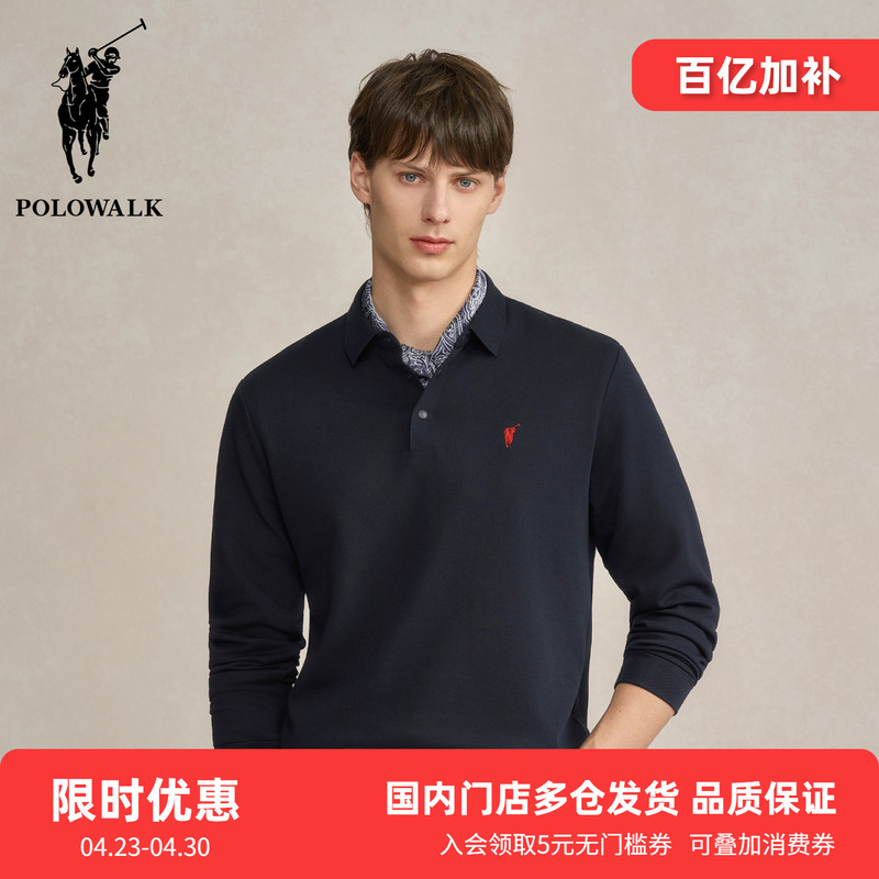 Polowalk Solid Color Lapel Long-Sleeve T-Shirt Autumn and Winter New Paul Men's Casual Fleece-Lined Base Polo Shirt Trendy