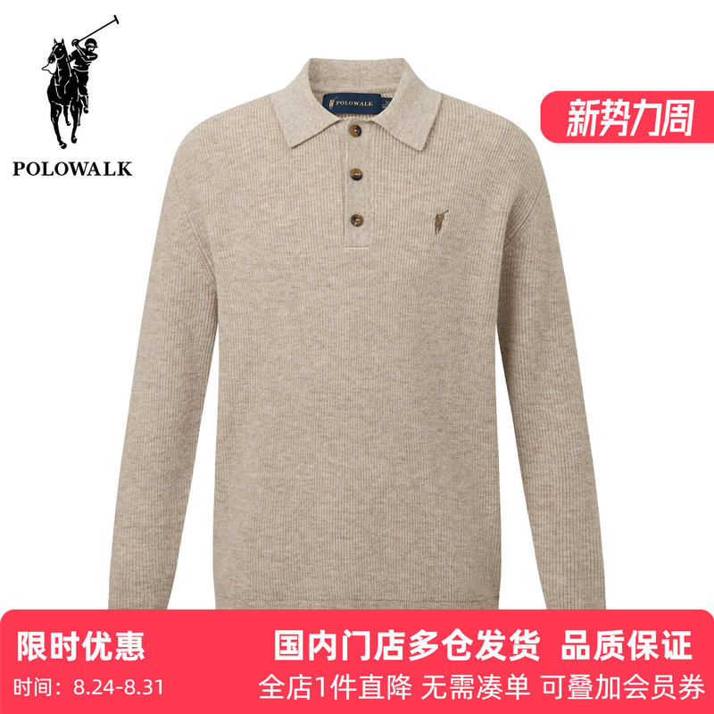 Polowalk Pure Wool Lapel Three-Button Sweater 2025 Winter Men's Old Money Style Embroidered Sweater
