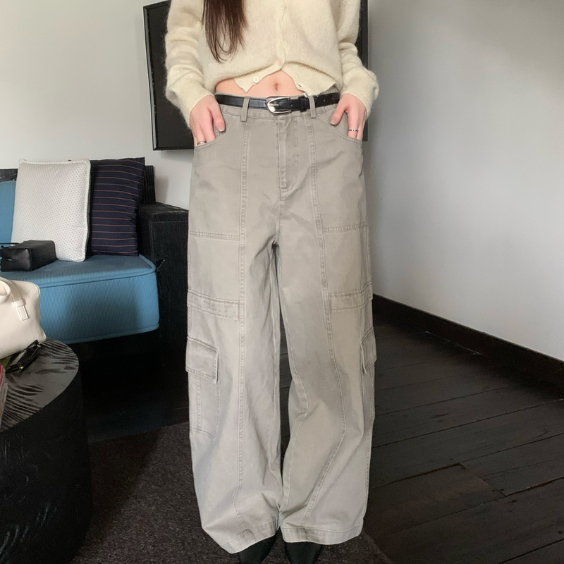 Bubble-American Retro Work Pants Versatile Multi-Pocket Slimming Long Pants Work Pants (with Belt) K9233