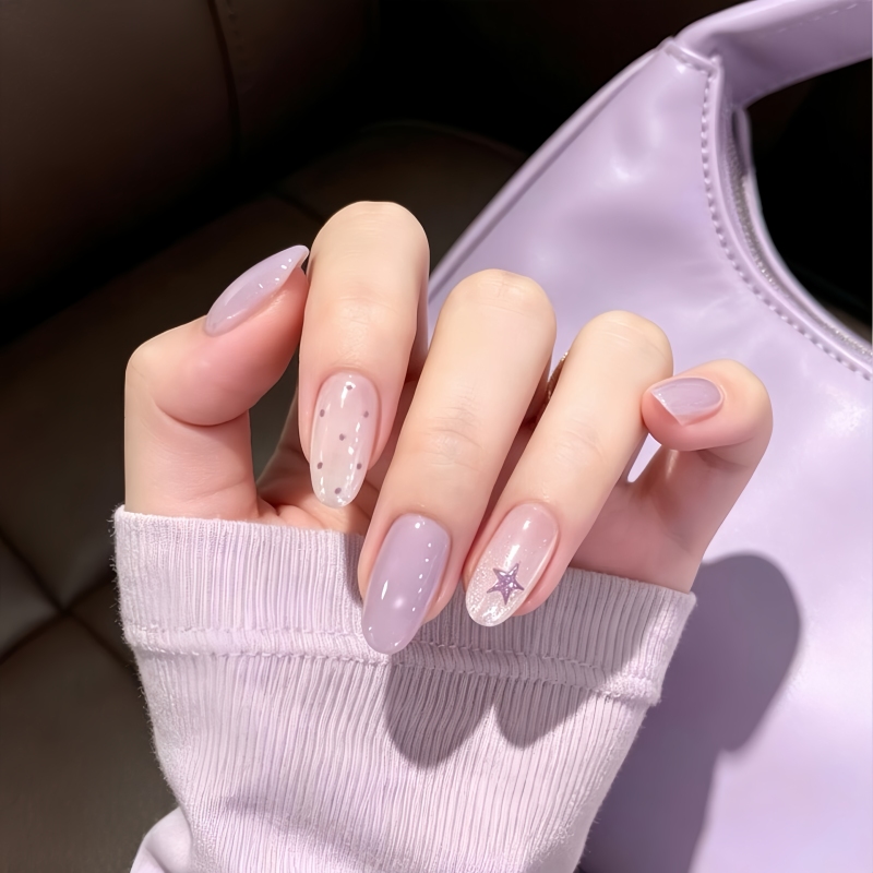 Gentle and Translucent Taro Purple Polka Dots and Stars, Simple and Flattering, Detachable and Wearable, Pure and Alluring Vibe, Light Purple Nail Art