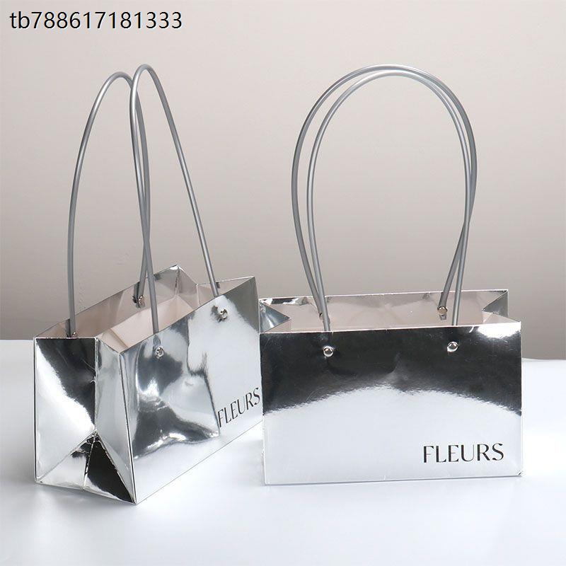 High-End Trendy Silver Mirror Handbag, Thickened Waterproof Flower Packaging Gift Box, Glossy Floral Design