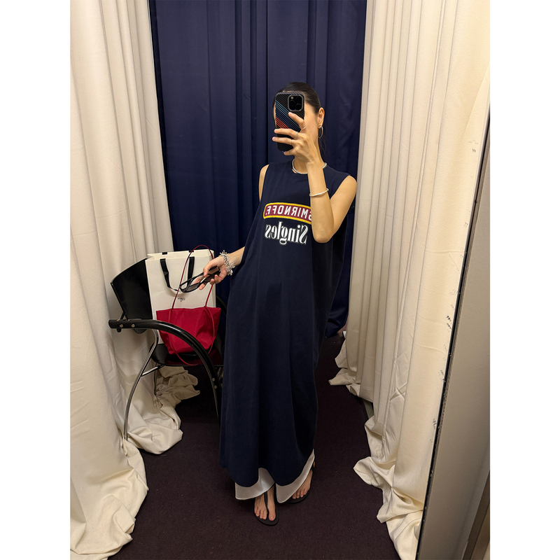 【Aurasahi】American Retro Style Letter Print Tank Dress Sleeveless Casual Loose T-Shirt Dress