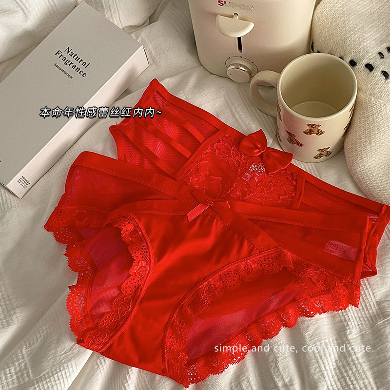 Red Underwear for Women in Their Zodiac Year, Pure Cotton Crotch, Sexy Lace, Low-Waist, Seamless, Hot and Pure Desire Style Briefs