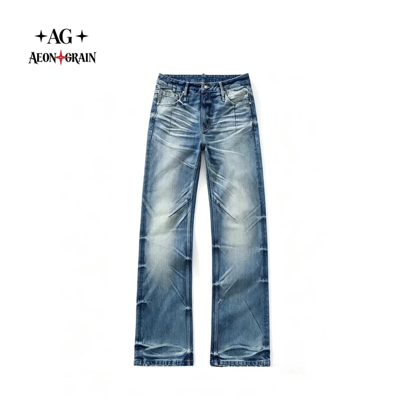 Ag's Manic "Magic Pants" Series: Cream Blue Three-Dimensional Whiskered Low-Rise Stacked Street-Style Straight-Leg Jeans