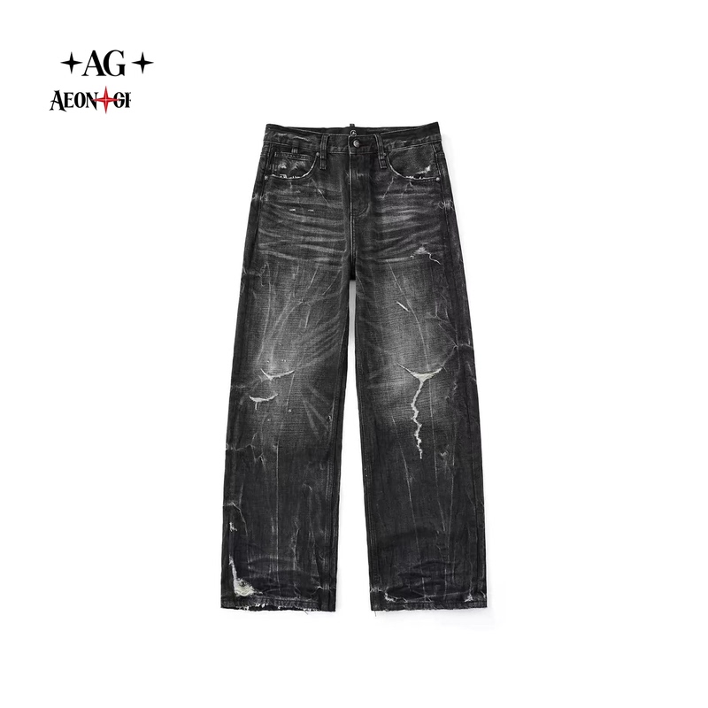 Ag Manic "Soul Hunter” 26Ss Black Distressed Washed Denim Trousers Vintage Distressed Straight-Leg Pants